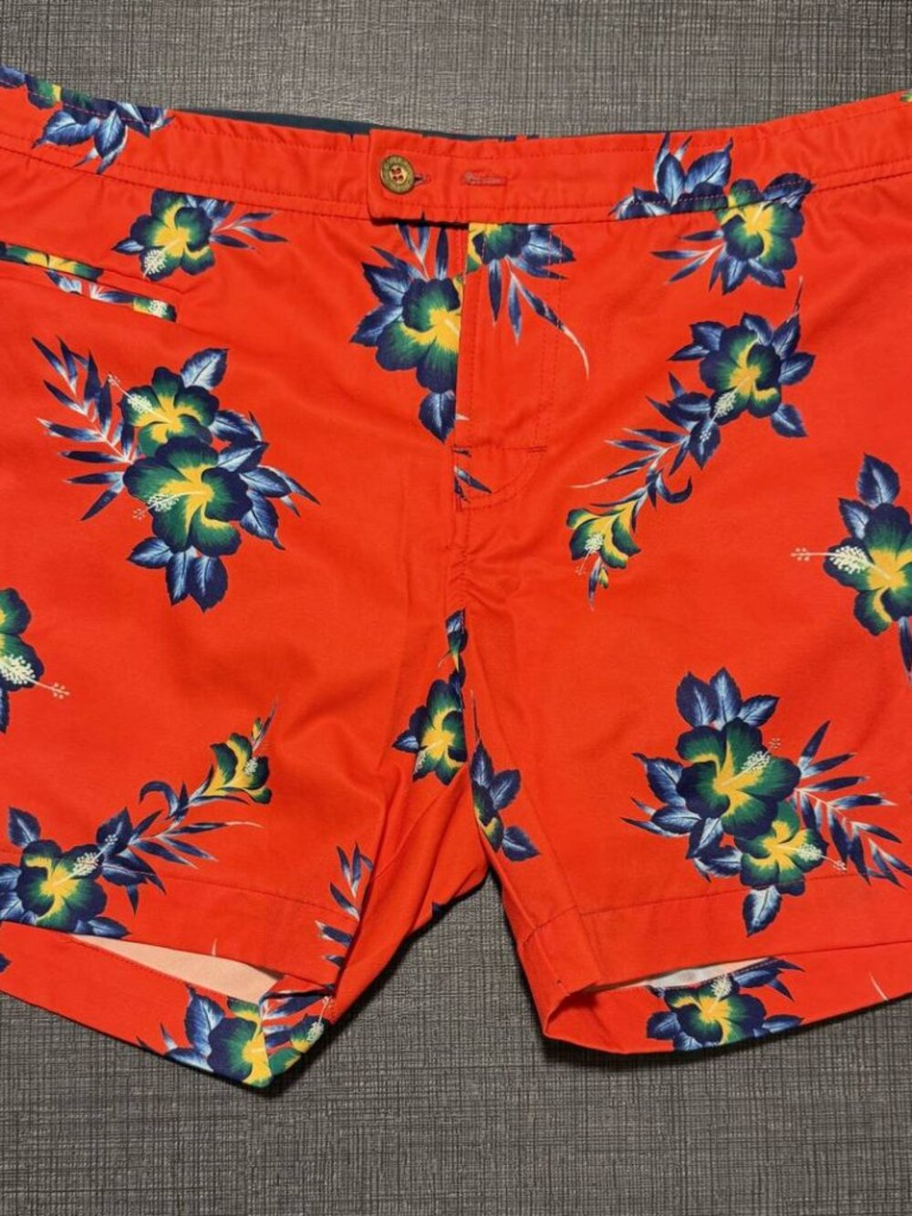 Park and Ronen: Orange/Red Tropical Hibiscus Print Swim Shorts Sz. 31 4" Inseam